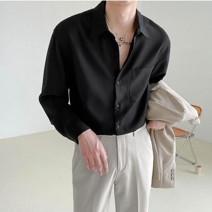 Solid Color Long Sleeve Shirt POLO Collar Single Breasted Loose Casual Fashion Korean Spring and Autumn New Men's Clothing Punk