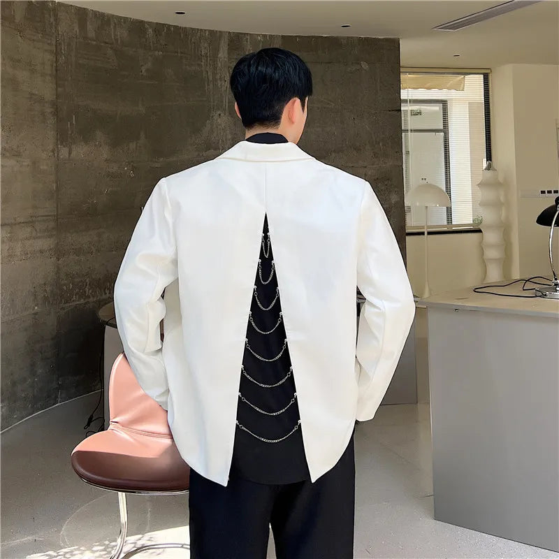 saferido Back Split Suit Jacket Men Solid Color Metal Chain Decor Blazer Spring Chic Loose Casual Black Male Handsome Stylish Blazers