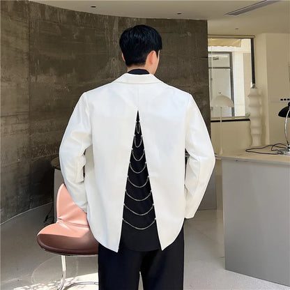 saferido Back Split Suit Jacket Men Solid Color Metal Chain Decor Blazer Spring Chic Loose Casual Black Male Handsome Stylish Blazers