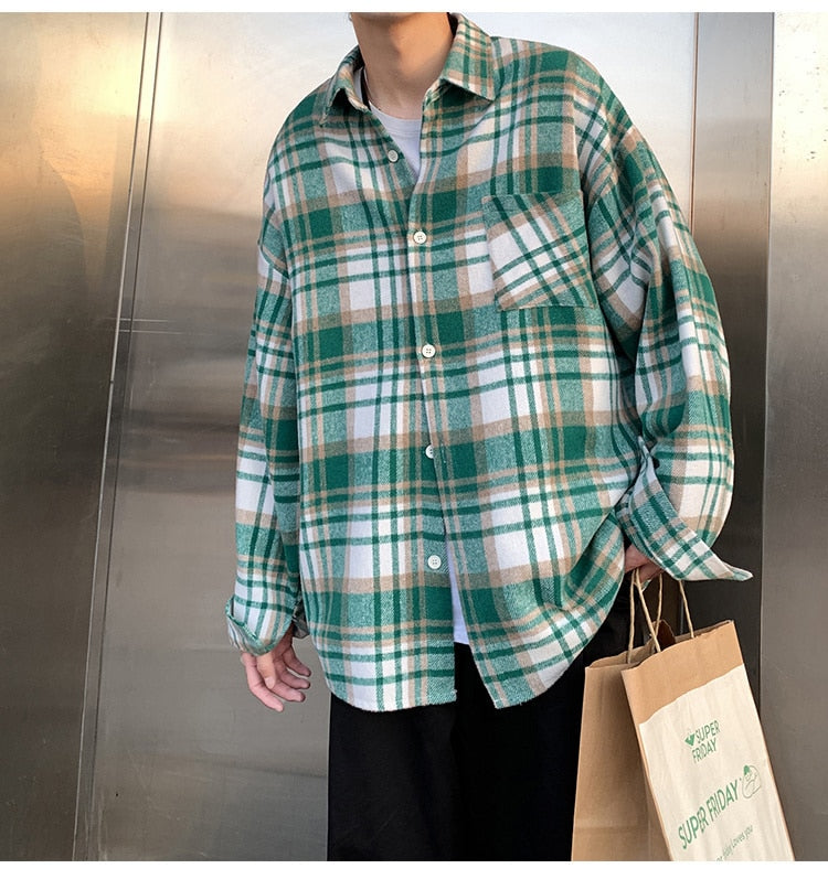 Privathinker Green Woolen Plaid Shirt Coat Men's Loose Korean Thickened Long Sleeve Male Casual Blouses Unisex Fashion Clothing