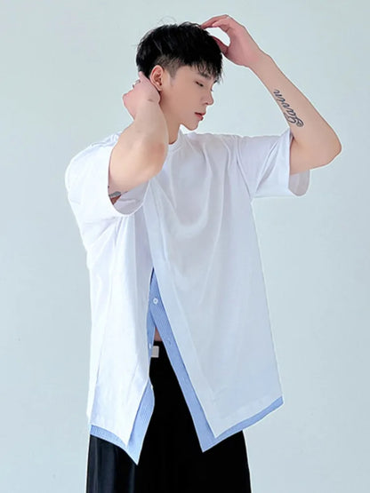 Men Clothing Summer Short Sleeve Slit Patchwork T-shirt Korean Fashion Loose Streetwear T Shirt Tops For Male