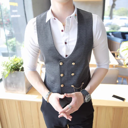 saferido British Style Men's Spring Double-Breasted Suit Vest/Male Slim Fit Fashion Casual Dress Suit Vest Plus size S-5XL