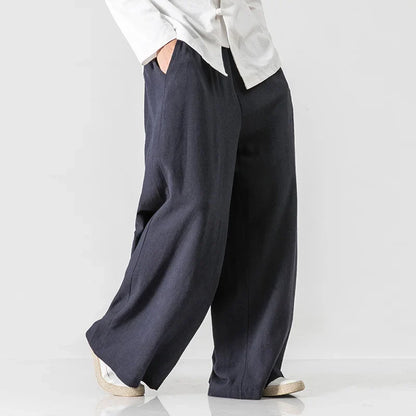 saferido Chinese Style Men's Loose Cotton Linen Pants Retro Wide-leg Hakama Plus Size Harajuku Casual Pants 5xl Men Clothing