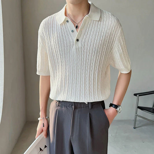 saferido Summer Men's Half Sleeve Knitted T-shirt Polo Lapel Collar Top Slim Fit Tshirts British Style Clothes Solid Color T Shirts