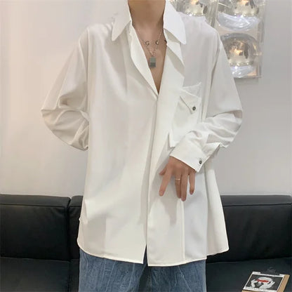 saferido Korean Streetwear Spring Color New Style Personalized Men's Suit Stand Collar Diagonal Button Long Sleeve Shirt Male