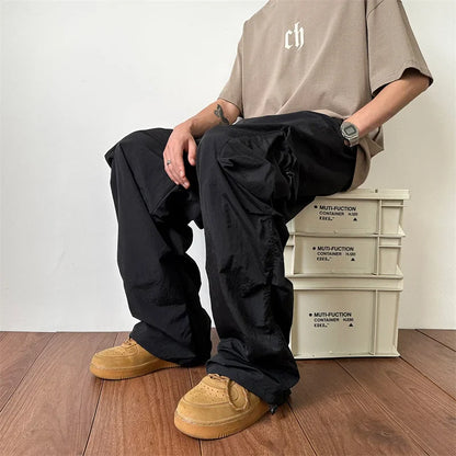 saferido Summer Thin Pants Men Fashion Pocket Cargo Pants Men Japanese Streetwear Hip-hop Loose Straight Pants Mens Oversized Trousers