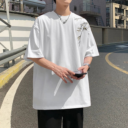 saferido Bamboo Embroidered T Shirt Men Harajuku Streetwear T-Shirts Summer Short Sleeve Black White Loose Casual Tshirt Tees Top
