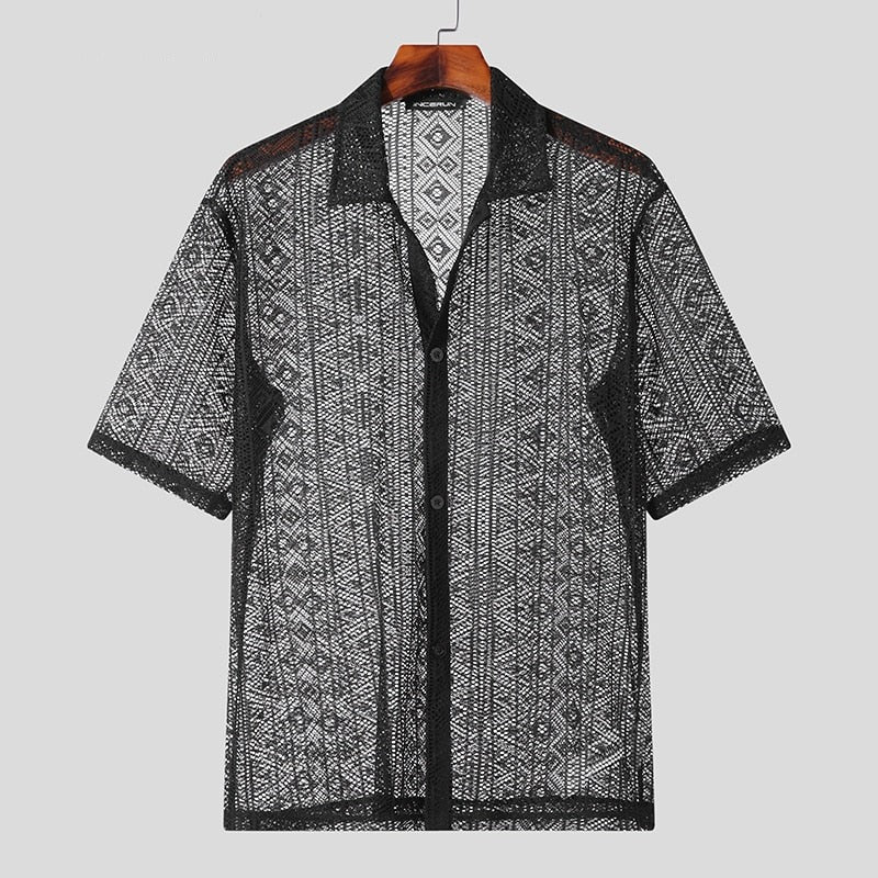 Men Shirt Mesh See Through Lapel Sexy Short Sleeve Lace Button Camisas Streetwear Party Nightclub Men Clothing