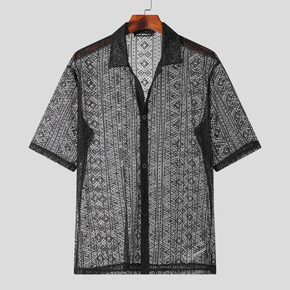 Men Shirt Mesh See Through Lapel Sexy Short Sleeve Lace Button Camisas Streetwear Party Nightclub Men Clothing