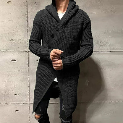 Men Button-up Long Sweater Overcoat Mens Winter Fall Long Sleeve Knit Hooded Cardigans Coat Fashion Solid Long Knitted Jackets