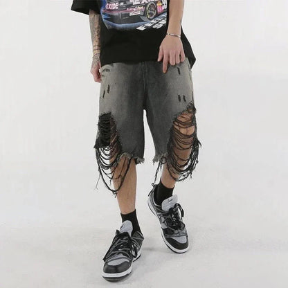 saferido High Street Loose Washed Old Ripped Shorts American Retro Shorts Summer Street Y2K Hip Hop Tassel Wide Leg Casual Denim Shorts