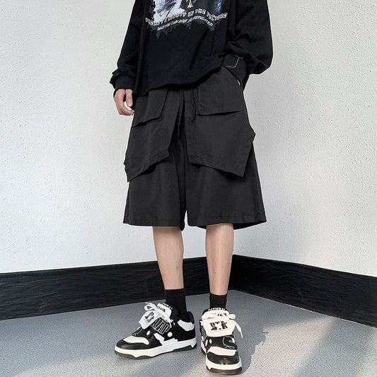saferido Men's Wide Leg Shorts Loose Fashion Punk Shorts Irregular Harem Solid Jogger Streetwear Elastic Waist Summer Shorts