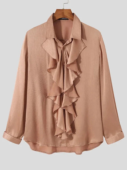 Handsome Well Fitting Men Tops Solid Comfortable Blouse Casual Hot Sale Male Loose Ruffled Long-sleeved Shirt S-5XL INCERUN