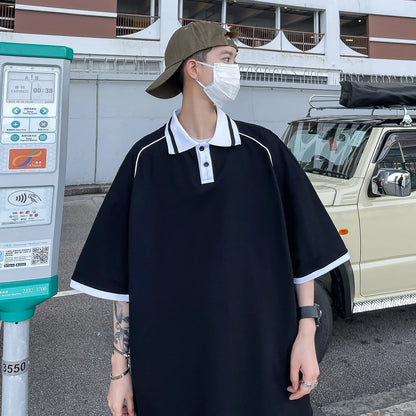 saferido Korean Style Man Polo Shirt Fashion Oversized Patchwork Short Sleeve Turndown Men's Shirts Fashion Streetwear Polos for Men