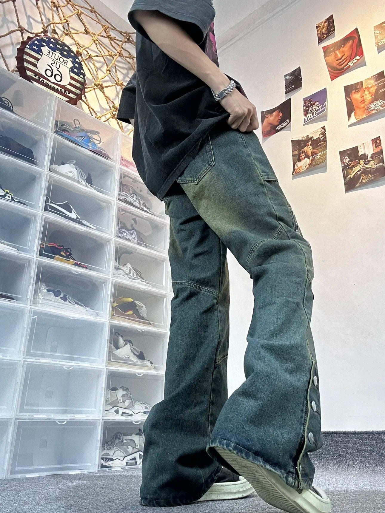 saferido National Kobayashi American Street Jeans Men's High Street Vibe Style Straight Tube Pants Slim Micro Flare Pants streetwear