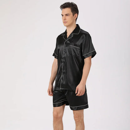 Men Pajama Sets Ice Silk Satin Short Sleeve Shirt+Shorts 2Pcs Suit Summer Thin Sleepwear Solid Color Male Casual Home Clothes