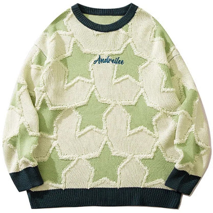 Vintage Five Pointed Star Sweater For Men Winter Retro Hip Hop Knitwear Pullover Knitted Streetwear Women Oversized Sweater