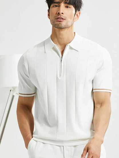 Men's Casual Zipper Polo Shirt Solid Color Texture Lapel Breathable  Leisure Tees for Men Summer Light Luxury Knitwear New