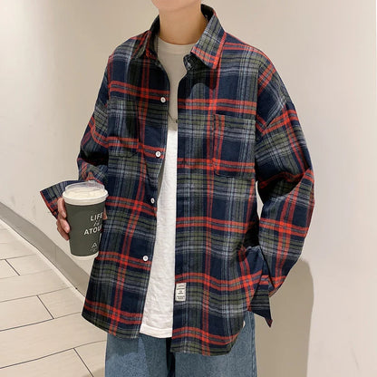 saferido Long Sleeved Shirt Men Oversized Fashion Retro Plaid Shirt Men Streetwear Loose Casual Shirt Mens Vintage Shirts Plus Size 5XL