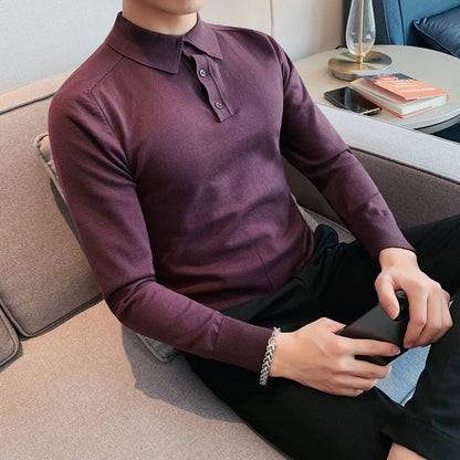 saferido Summer Mens Long-Sleeved Knitted Casual POLO Shirts Contrast Color British Slim Fit Lapel POLO Shirt Men Clothes S-3XL