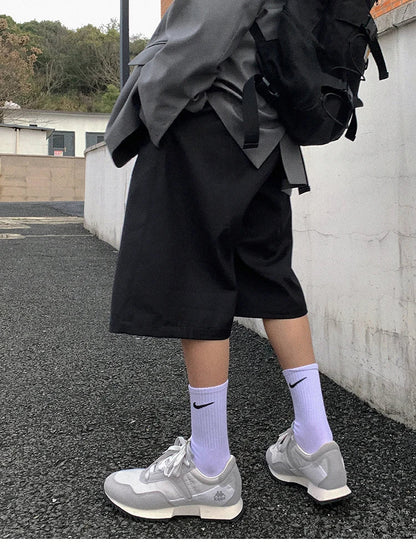 saferido Spring Summer Loose Casual Soft Black Pleated Shorts for Men Mens with High Waist Short Straight Pants Clothes