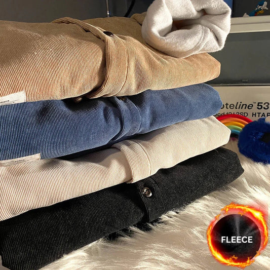 Corduroy Fleece Thicken Mens Autumn Winter Shirts Loose Warm Long Sleeve Casual Blouse Fashion Male Cardigan