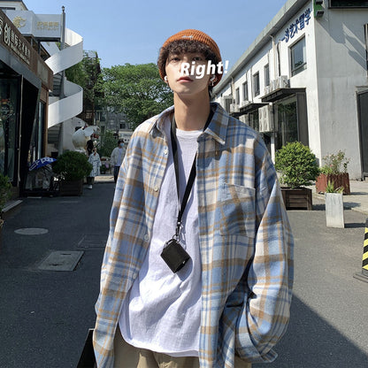 Privathinker Green Woolen Plaid Shirt Coat Men's Loose Korean Thickened Long Sleeve Male Casual Blouses Unisex Fashion Clothing