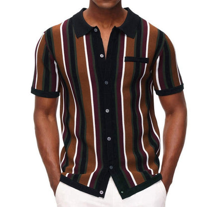 Men's Knit Striped Polo Shirt Casual Luxury Clothing Streetwear Suit Collar Button Down Breathable Vintage Summer M-3XL