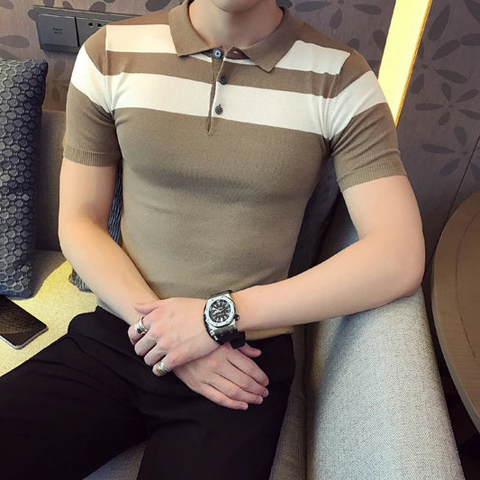 saferido  Social Knitting Slim Polo British Style Stripes POLO Shirt Men Summer Short Sleeve Men's POLO Slim Fit Casual Polo Homme