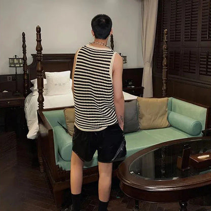 saferido Striped Knitted Summer Tanks Tops Men's O-Neck Korean Knitwear Shirts Sleeveless Streetwear Loose Top Vintage Cropped Sexy