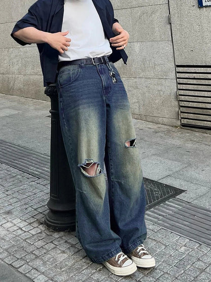 Vintage Blue Baggy Wide Leg Jeans Men Washable Casual Pants Y2k Worn Out Straight Loose Pants Hiphop Trendy Street Men'S Clothes