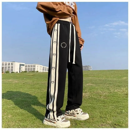 saferido American Vintage Patchwork Contrasting Sports Pants Men's Autumn Print Drawstring Trend Versatile Loose Straight Casual Trousers