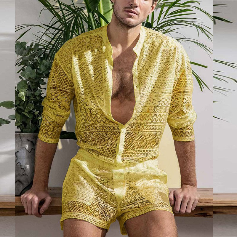 New Arrivals Men Set Summer Sexy See Through Lace Outfits Beach Fashion Short Sleeved Tops And Shorts Mens Two Piece Suits