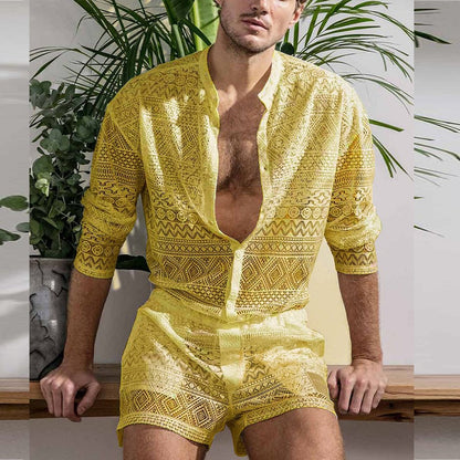 New Arrivals Men Set Summer Sexy See Through Lace Outfits Beach Fashion Short Sleeved Tops And Shorts Mens Two Piece Suits
