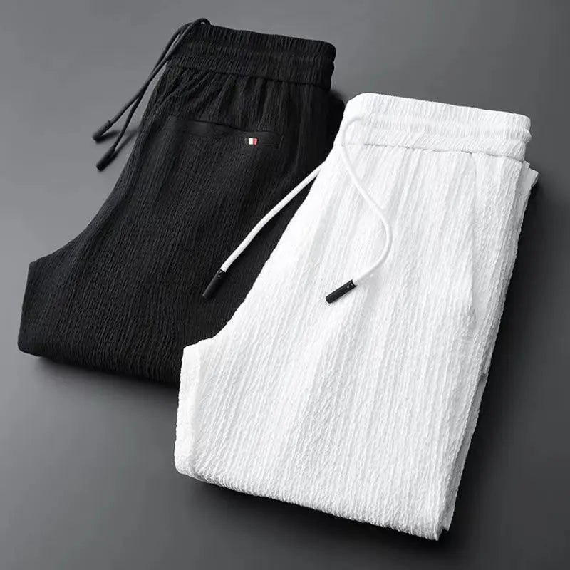 Spring Summer New Fashion Suit Men Long Sleeve Casual Shirts And Pant Seersucker Striped Pleats Slim Handsome Two-piece Set