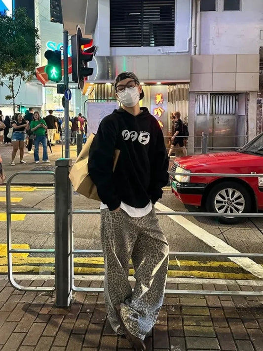 Y2k Leopard Jeans Pants Men Oversized Panther Print Jean Wide Leg Pant Fashion Trendy Retro Loose Man Hipop Baggy Jean Trousers