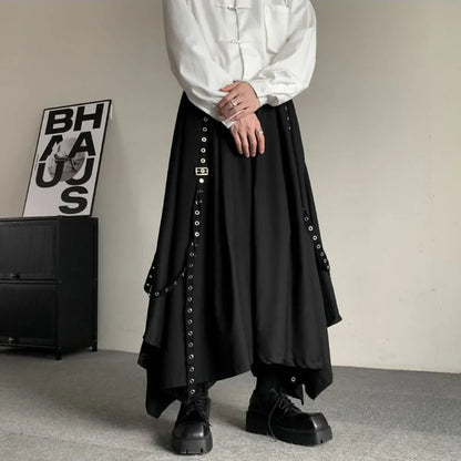 saferido Mens Gothic Rope Belt Decorated Irregular Skirt Pants Genderless Fashion Japanese Style Niche Dark Samurai Pants Hakama Unisex
