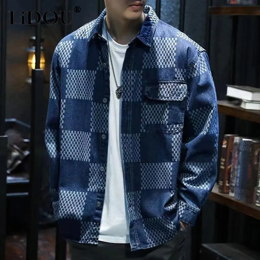 saferido Spring Autumn New Vintage Printing Turn-down Collar Long Sleeve Shirt Man Cotton Loose All-match Single Breasted Cardigan
