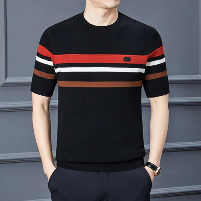 saferido Round Neck Men's Knitwear Spring 2024 Silk Velvet Half Sleeve Thick T-shirt Business Gentleman