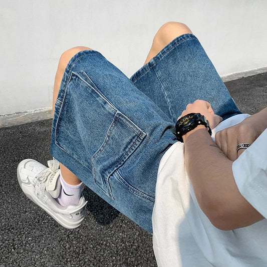 saferido Korean Summer Men's Wide Leg Denim Shorts New Fashion Loose Casual Elastic Waist Large Pocket Work Shorts Men's Brand Clothing