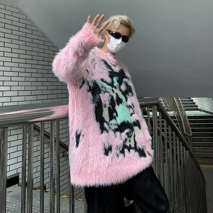 saferido Mens Y2k American Street Pink Graffiti Knitted Sweater Genderless Autumn Winter Fashion Casual Lazy Style Plush Top Unisex