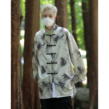 saferido Men's Tie-dye Long Sleeve Shirt Spring New Chinese Style Dial Buckle Stand Collar Loose Casual Han Tang Traditional Clothing
