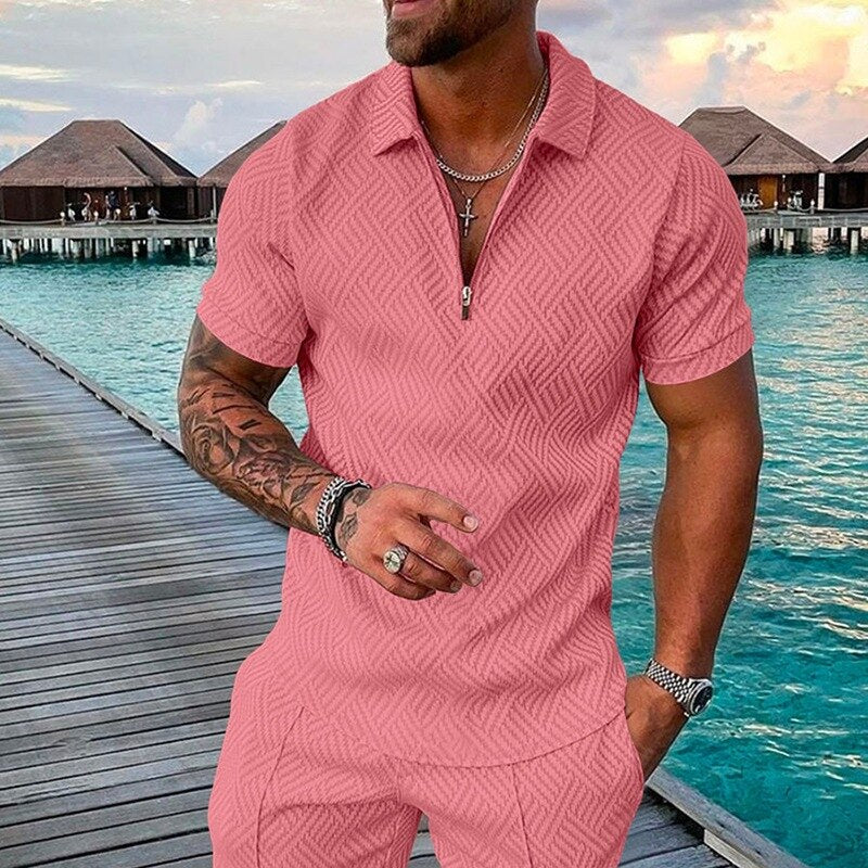 Men Summer Hawaiian Turn Down Collar V Neck T-Shirt Casual Zipper Short Sleeve Blouse Daily Tee High Quality Clothing S-3XL