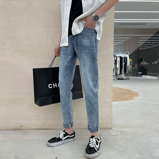 saferido Simple Blue Washed Jeans Men's Casual All-match Fashion Slim Pencil Pants Wear-resistant Spring Summer Stretch Denim Pants Thin