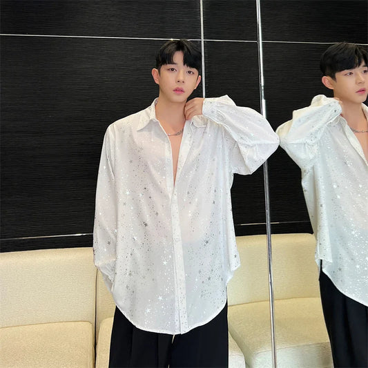 saferido Spring New Male Casual Chiffon Shirts Men's Lapel Niche Desgin Shirt Long Sleeve Shirt Male Stage Show Dress Shirt