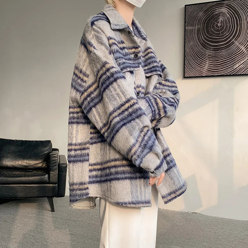 saferido Plaid Woolen Coat Men Warm Fashion Retro Thicken Woolen Jacket Men Streetwear Korean Loose Short Woolen Coat Mens Thick Jackets