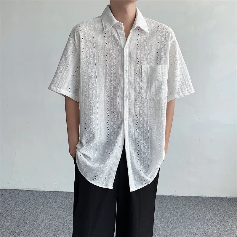 Korean Fashion Hollow Shirt for Men Summer Short Sleeve Button Trend Loose Niche Design Handsome Cotton Casual Shirts Men