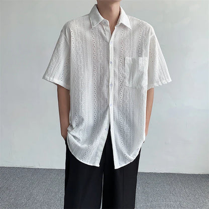 Korean Fashion Hollow Shirt for Men Summer Short Sleeve Button Trend Loose Niche Design Handsome Cotton Casual Shirts Men