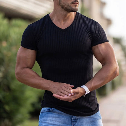 Men V Neck Short Sleeve T Shirt Slim Fit Sports Strips T-shirt Male Solid Fashion Tees Tops Summer Knitted Gym Fitness Clothing