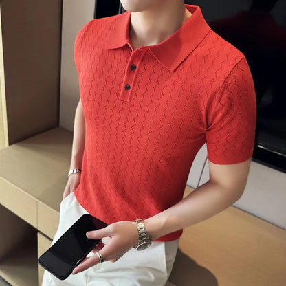 saferido British Style Men's Summer Casual Short-sleeved POLO Shirt/Male Slim Fit High Quality Wavy Striped Knitted Polo Shirt S-3XL